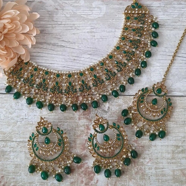 Green Antique Gold Pearl Indian Asian Bollywood Bridal Necklace Jewellery Jewelry Set Wedding