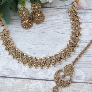 Antique Gold Polki Stone Flexible Indian Necklace Jewellery Jewelry Set Jhumki Earrings