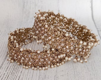 Pair of Antique Gold Pearl Indian Asian Statement Karay Kangan Bangles