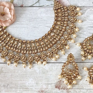 Antique Gold Stone Flexible Indian Necklace Jewellery Jewelry Set Bridal Wedding