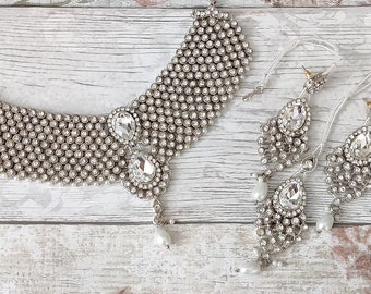 Perla de plata Kundan Stone Flexible Indian Collar Joyería Joyería Set Boda nupcial