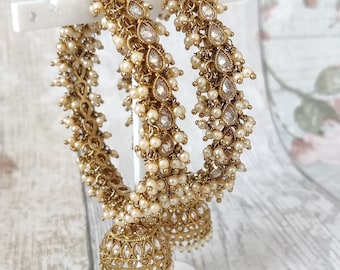 Antik Gold Stein Perle Jhumki Drop indische asiatische Armreifen Churiya Armreif Set Kangan Armreifen