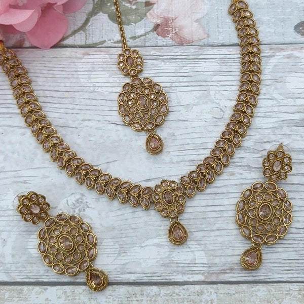 Antique Gold Polki Stone Flexible Indian Necklace Jewellery Jewelry Set Bridal Wedding