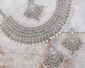 Joyería de collar flexible nupcial indio de piedra de plata perla asiática india con Tikka y pendientes