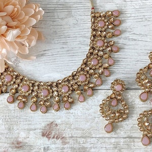 Baby Pink Antique Gold Kundan Stone Flexible Indian Necklace Jewellery Jewelry Set Wedding