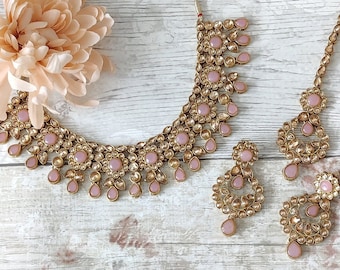 Baby Pink Antique Gold Kundan Stone Flexible Indian Necklace Jewellery Jewelry Set Wedding