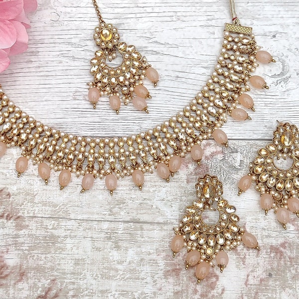 Peach Antique Gold Kundan Stone Flexible Indian Necklace Jewellery Jewelry Set Bridal Wedding