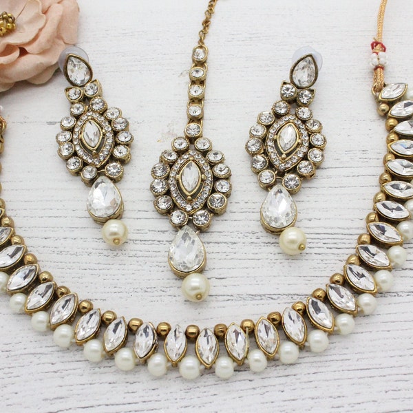 Simple Gold Silver Stone Flexible Indian Necklace Jewellery Jewelry Set Bridal Wedding