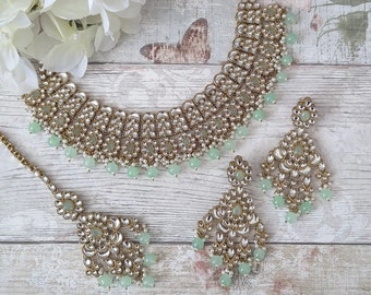 Mint Gold Silver Kundan Style Stone Indian Necklace Jewellery Jewelry Set Bridal Wedding