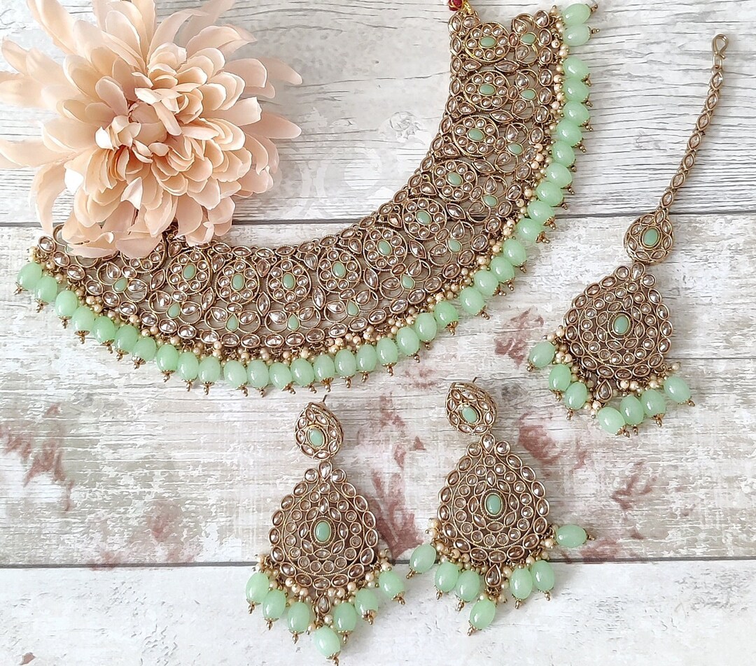 Antique Gold Mint Indian Asian Bridal Necklace Jewellery Jewelry Set With Tikka Headpiece Earrings Etsy Australia