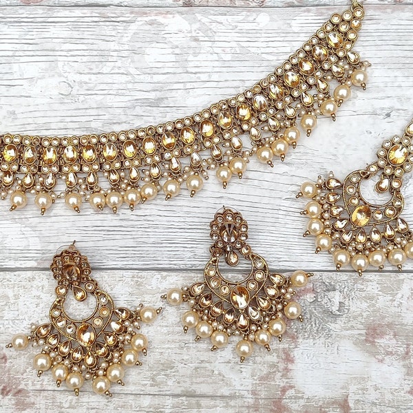 Antique Gold Pearl Indian Choker Necklace Jewellery Jewelry Set Bridal Wedding