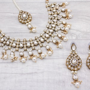 Gold Silver Pearl Kundan Stone Flexible Indian Necklace Jewellery Jewelry Set Bridal Wedding