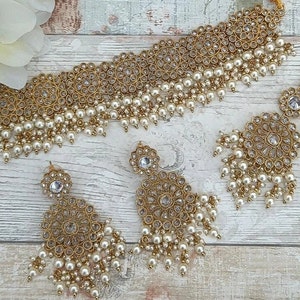 Gold Silver Pearl Polki Crystal Stone Choker Necklace Jewellery Jewelry Set Wedding Bridal Party