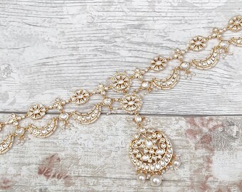 Goud Zilver Kundan Steen Parel Indiaas Aziatische Sheeshpool Matha Patti Hoofdband Hoofddeksel Haarband