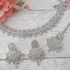 Full Silver Stone Indian Asian Choker Necklace Jewellery Jewelry Set Bridal Wedding