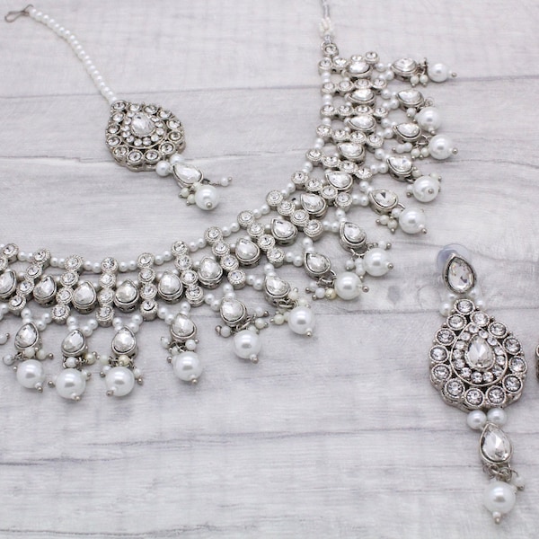 Silver Pearl Kundan Stone Flexible Indian Necklace Jewellery Jewelry Set Bridal Wedding