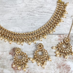 Antique Gold Kundan Stone Flexible Indian Choker Necklace Jewellery Jewelry Set Bridal Wedding image 1