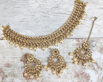 Antique Gold Kundan Stone Flexible Indian Choker Necklace Jewellery Jewelry Set Bridal Wedding