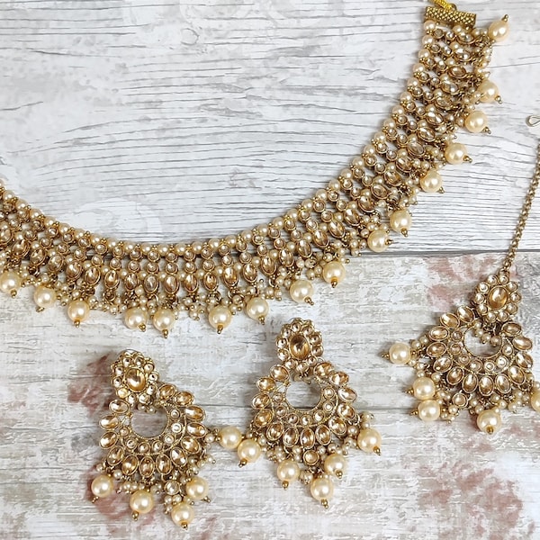 Antique Gold Kundan Stone Flexible Indian Choker Necklace Jewellery Jewelry Set Bridal Wedding