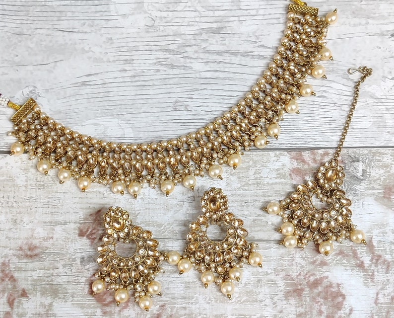 Antique Gold Kundan Stone Flexible Indian Choker Necklace Jewellery Jewelry Set Bridal Wedding image 1