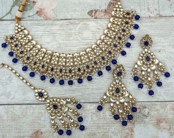 Dark Blue Gold Silver Kundan Style Stone Indian Necklace Jewellery Jewelry Set Bridal Wedding