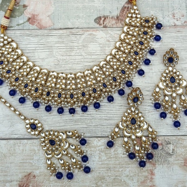 Dark Blue Gold Silver Kundan Style Stone Indian Necklace Jewellery Jewelry Set Bridal Wedding