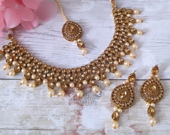 Antique Gold Pearl Kundan Stone Flexible Indian Necklace Jewellery Jewelry Set Bridal Wedding