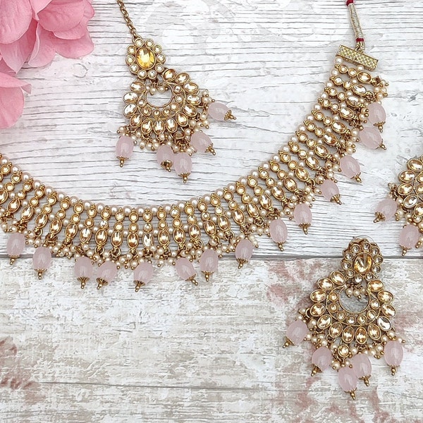 Baby Pink Antique Gold Kundan Stone Flexible Indian Necklace Jewellery Jewelry Set Bridal Wedding