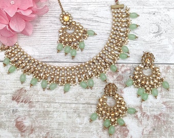 Mint Antique Gold Kundan Stone Flexible Indian Necklace Jewellery Jewelry Set Bridal Wedding