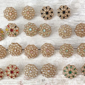 Pair of Antique Gold Indian Asian Polki Stone Coloured Stud Earrings Tops Wedding Party