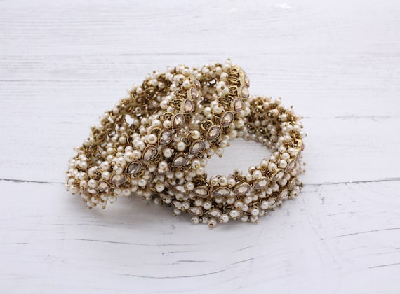 Antique Gold Stone Pearl Indian Asian Bangles Churiya Bangle Set Kangan Bangles