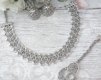 Full Silver Polki Stone Flexible Indian Necklace Jewellery Jewelry Set Jhumki Earrings