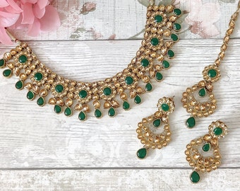 Green Antique Gold Kundan Stone Flexible Indian Necklace Jewellery Jewelry Set Wedding