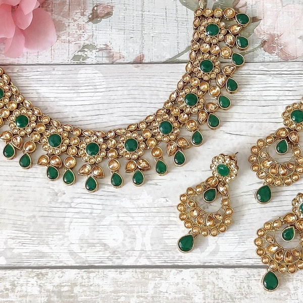 Green Antique Gold Kundan Stone Flexible Indian Necklace Jewellery Jewelry Set Wedding