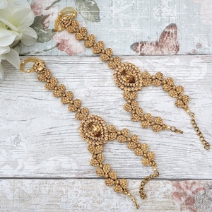 Pair of Antique Gold Full Stone Statement Indian Asian Hand Pieces Hand Panja Hath Phool Hand Jewellery Jewelry Bridal Wedding