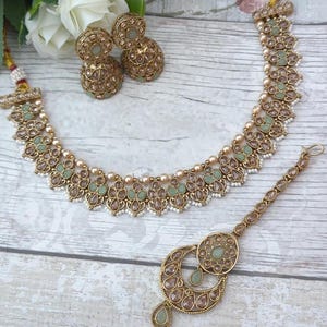 Mint Antik Gold Polki Stein Flexible Indische Halskette Schmuck Schmuck Set Jhumki Ohrringe