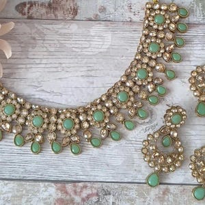 Mint Antique Gold Kundan Stone Flexible Indian Necklace Jewellery Jewelry Set Wedding