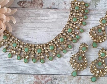 Mint Antique Gold Kundan Stone Flexible Indian Necklace Jewellery Jewelry Set Wedding