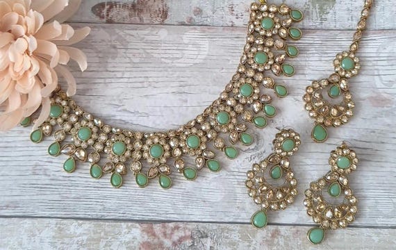 Mint Antique Gold Kundan Stone Flexible Indian Necklace Jewellery Jewelry Set Wedding