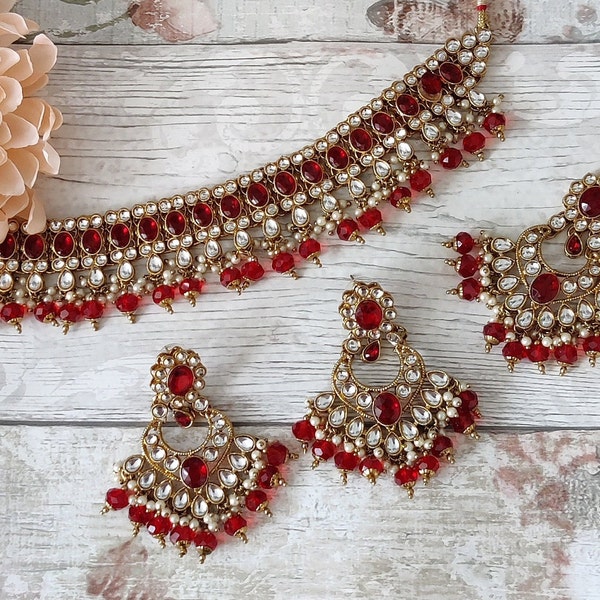 Maroon Gold Silver Stone Indian Necklace Jewellery Jewelry Set Bridal Wedding