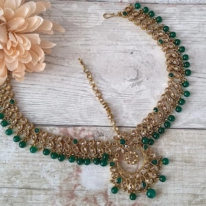 Green Antique Gold Polki Stone Statement Indian Matha Patti Headpiece Head Chain Tikka Bridal