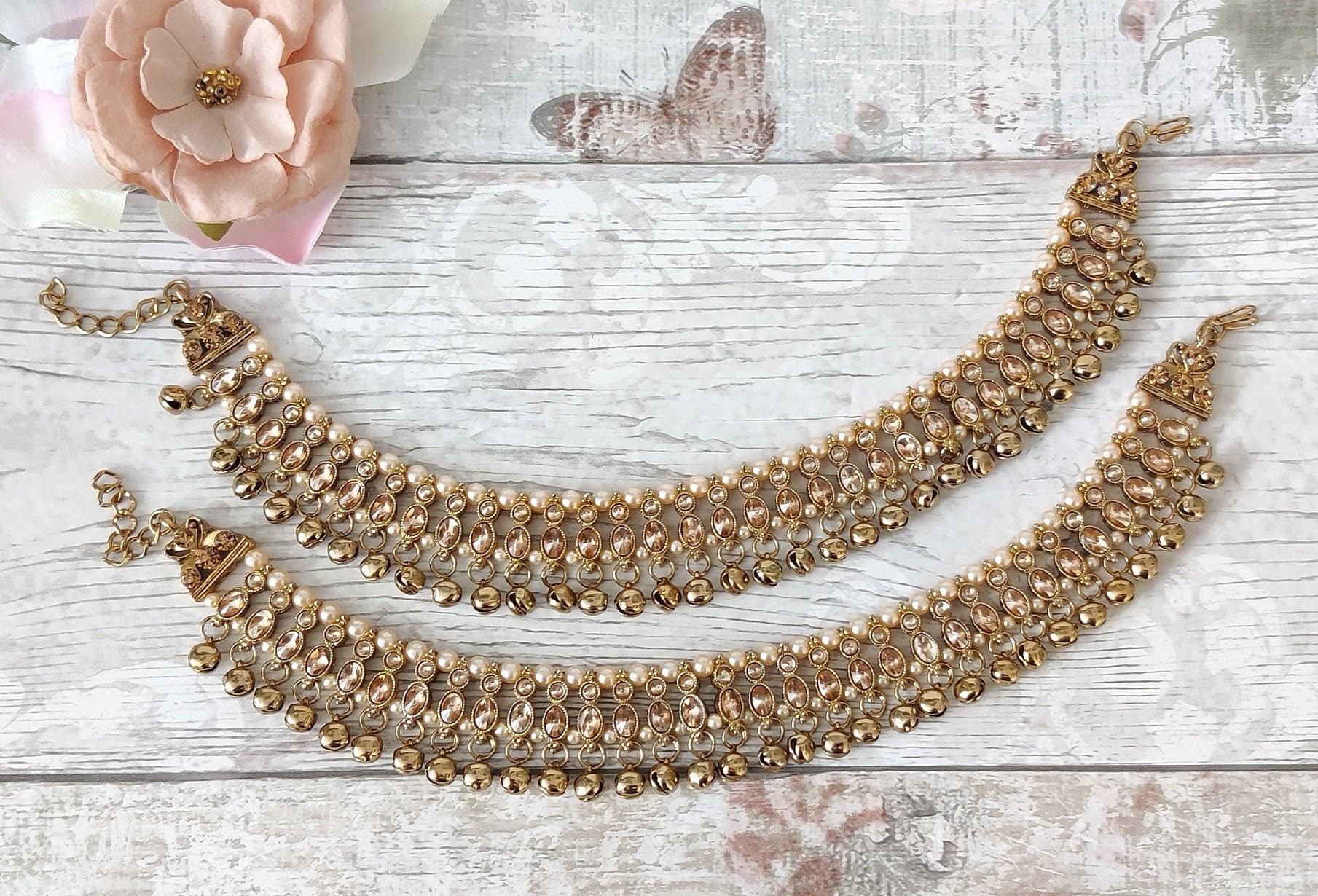 Cheville Indienne Kundan Polki – Plaqué Or – Pierre Blanche – Taille 9.5 Inches
