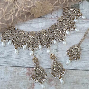 Gold Silver Polki Crystal Sparkly Stone Indian Asian Bollywood Choker Jewellery Set Bridal Wedding Party