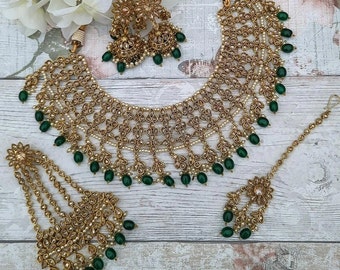 Green Antique Gold Polki Stone Bridal Necklace Set with Earrings, Tikka Headpiece & Jhoomer Pasa Wedding