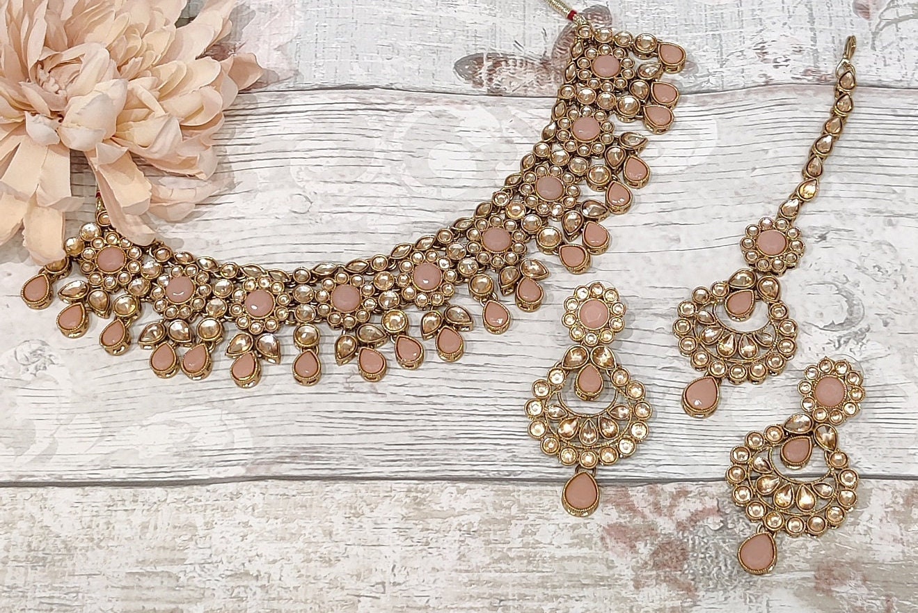 Peach Indian Jewelry Set Peach Antique Gold Kundan Stone Flexible