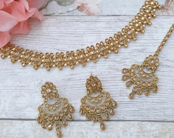 Antique Gold Stone Indian Choker Necklace Jewellery Jewelry Set Bridal Wedding