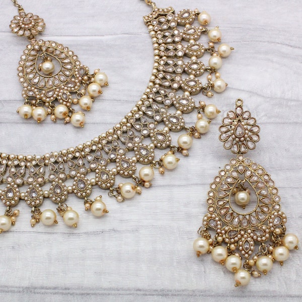 Antique Gold Polki Kundan Indian Necklace Jewellery Jewelry Set Bridal Wedding