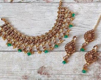 Oro Antiguo Verde Perla Kundan Piedra Flexible Collar Indio Joyería Juego de Joyas Boda Nupcial