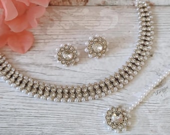 Simple Full Silver Kundan Stone Flexible Indian Necklace Jewellery Jewelry Set Bridal Wedding