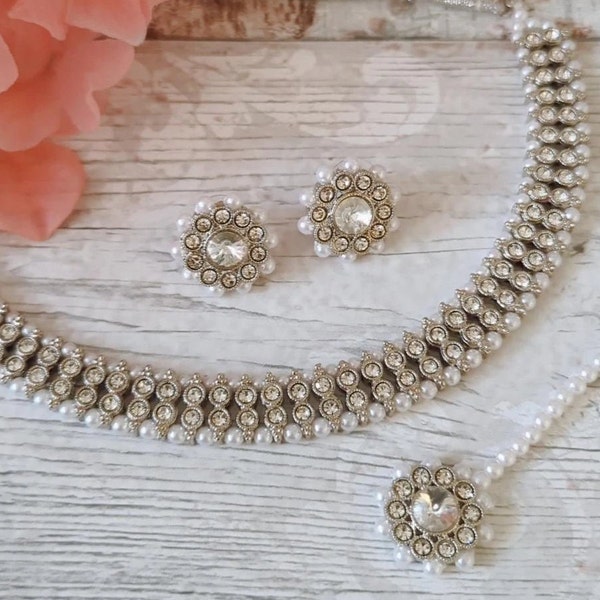 Simple Full Silver Kundan Stone Flexible Indian Necklace Jewellery Jewelry Set Bridal Wedding